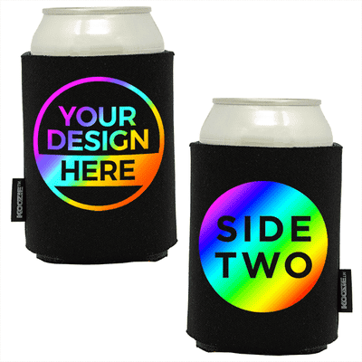 Black Koozie® can cooler with rainbow circle design and black custom text inside