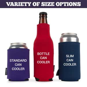 A Can Cooler, Beer Bottle Cooler, And Slim Can Cooler Displayed Next To Each Other 