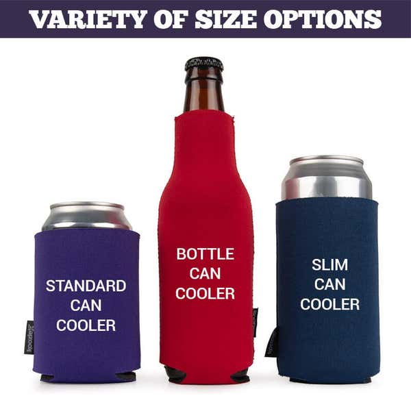A Can Cooler, Beer Bottle Cooler, And Slim Can Cooler Displayed Next To Each Other 